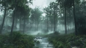 bosque magico con viento suave y arboles