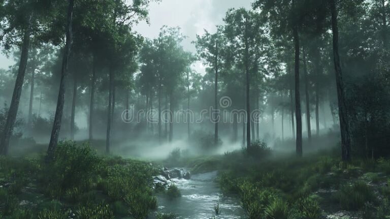 bosque magico con viento suave y arboles