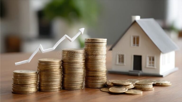 edificio moderno con casa y monedas apiladas