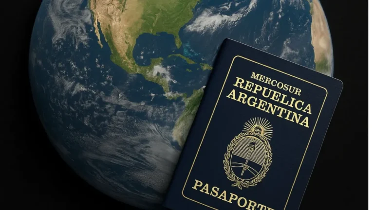 globo terraqueo con pasaporte argentino abierto