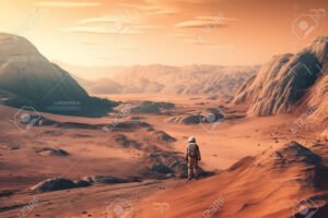 hombre solitario en paisaje futurista desierto