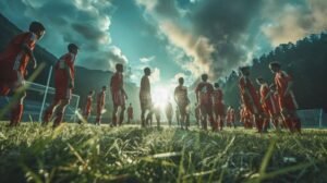 jugadores de futbol al atardecer en campo