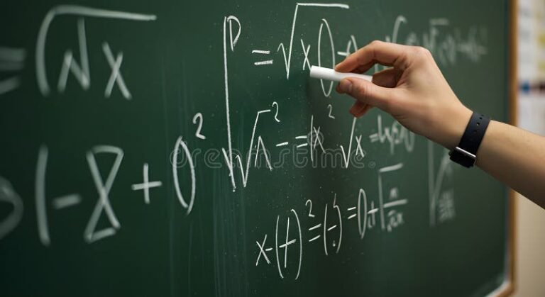 manos escribiendo ecuaciones algebraicas coloridas