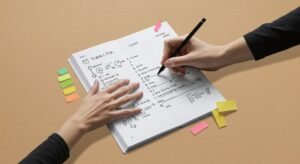 manos escribiendo en cuaderno con diagramas