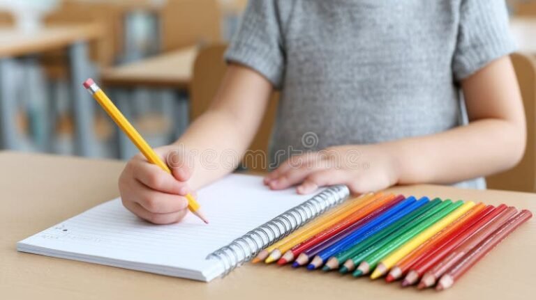 ninos escribiendo en cuadernos coloridos