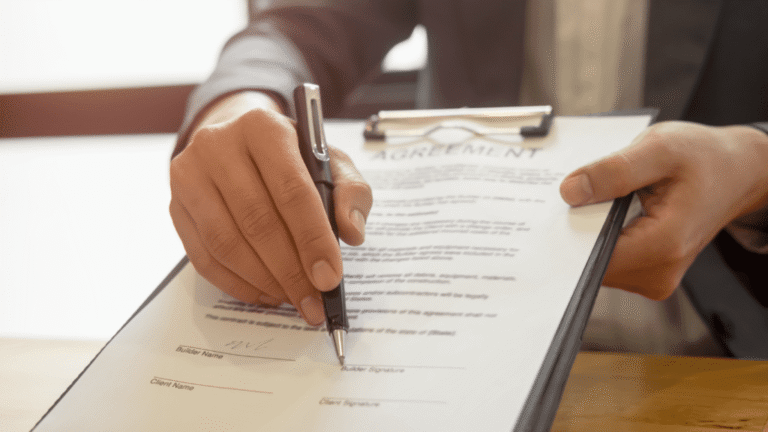 persona mayor firmando documentos con apoderado
