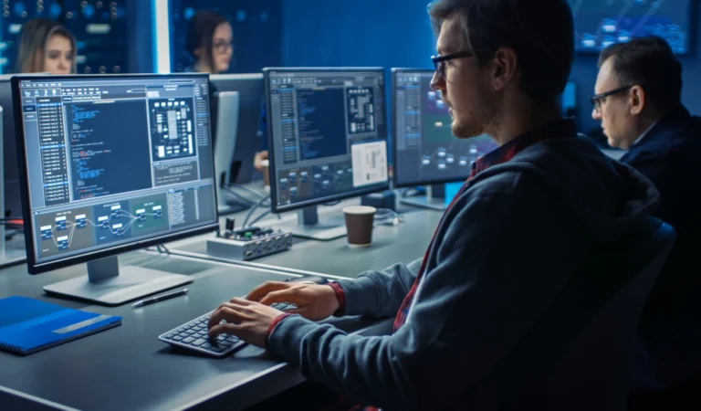 persona trabajando en computadora con codigo visible